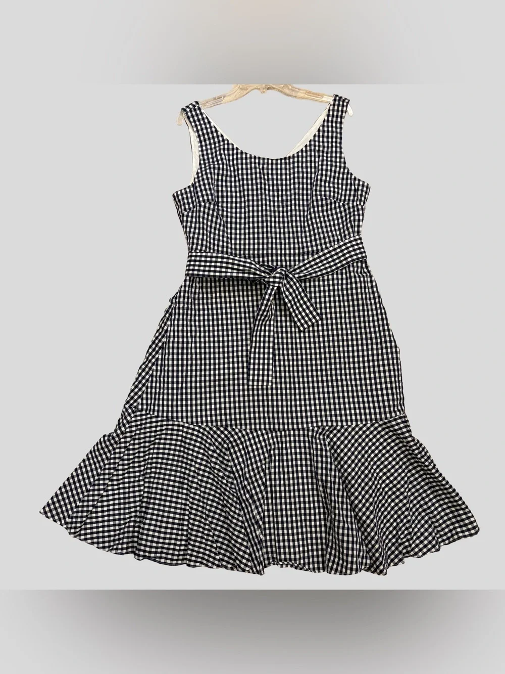 J. Crew JCrew Sleeveless Navy and White Gingham Tie-Waist Ruffle Hem Dress Sz 14